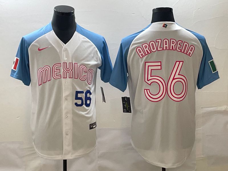 Men 2023 World Cub Mexico 56 Arozarena White blue Nike MLB Jersey21